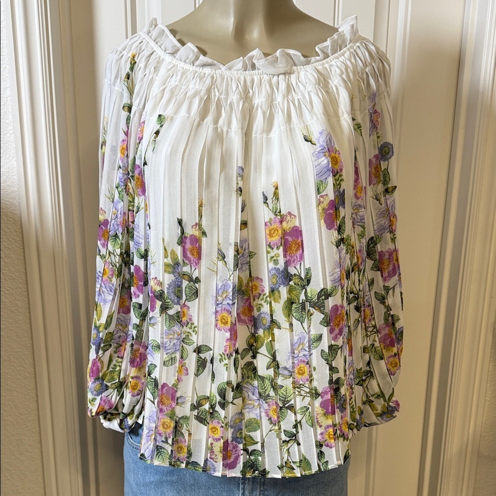 Floral Pleated Blouse - White, Purple, and Green, Cottagecore, whimsey, Boho